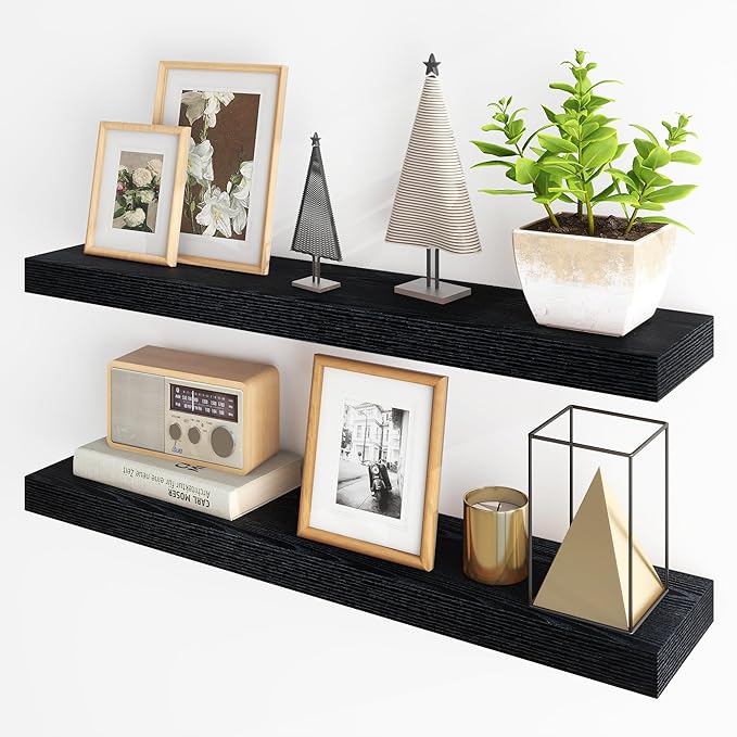 Fun Memories Floating Shelves for Wall, 36Inch Floating Shelves Set of 2, Hanging Shelf with Invisible Brackets, Bathroom Shelves for Living Room, Bedroom, Kitchen- Black