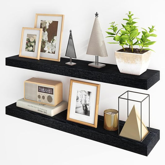 Fun Memories Floating Shelves for Wall, 36Inch Floating Shelves Set of 2, Hanging Shelf with Invisible Brackets, Bathroom Shelves for Living Room, Bedroom, Kitchen- Black