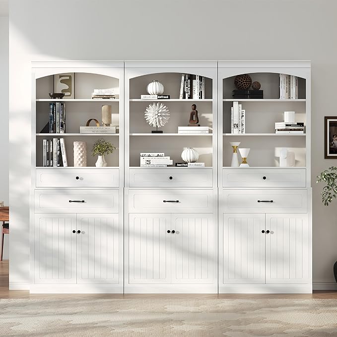 Tall Cabinet with 2 Drawers and Doors, Multi-Functional Storage Unit Set/Bookcase, Kitchen Cabinets, Pantry Cupboard for Living Room/Home Office/Bathroom, White