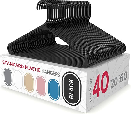 Sharpty Plastic Hangers Clothes Hangers for Clothing, Closet, Coats & Shirts - Durable, Thick, Tough & Space Saving - for Everyday Standard Use, Room Essentials & Basics - 40 Pack - Black