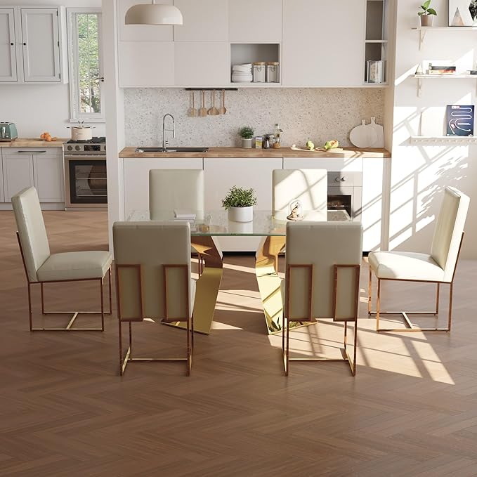 AUZ Dining Chairs Set of 6, White Faux Leather Dining Room Chairs with Gold Stainless Steel Sled Legs
