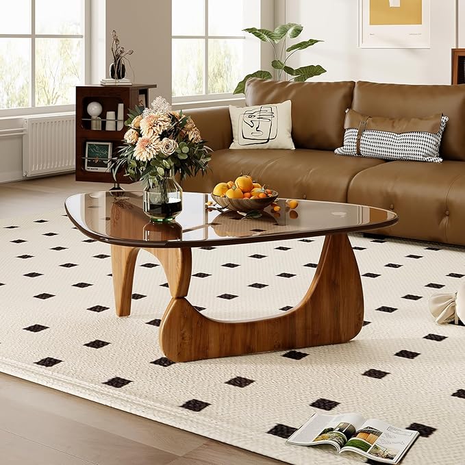 Coffee Table for Living Room Mid Century Modern Center Table with Glass Top and Wood, Brown/Walnut