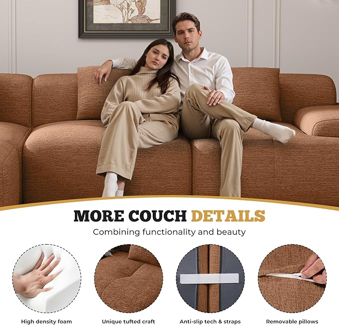 122" Modern L Shaped Modular Sectional Sofa, Boneless Couches for Living Room with Ottoman,4 Seater Convertible Chenille Cloud Couch Sofa Set, No Assembly Required, Orange 1 PCS