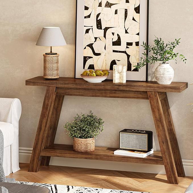 Console Table, 55-Inch Entryway Table with Storage 2-Tier Narrow Wood Console Table Behind Couch Sofa Tables for Living Room, Entryway, Hallway (Light Brown)