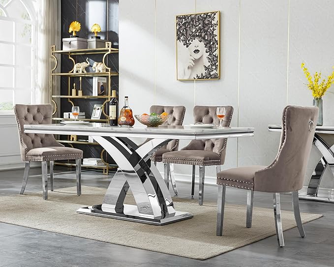 Goujxcy 5-Piece Dining Table Set Modern Faux Marble Dining Table Set for 4, Luxury 68" Long Faux Marble Kitchen Table with 4 Velvet Upholstered Chairs, Mirrored Stainless Steel Base