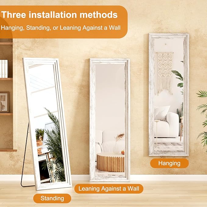 Full Length Mirror,65x22 Inch Full Length Mirror Wall Mounted,Vertical Hanging,Leaning Standing for Bedroom,Living Room,Rectangular Wooden Frame,Wood White Color.