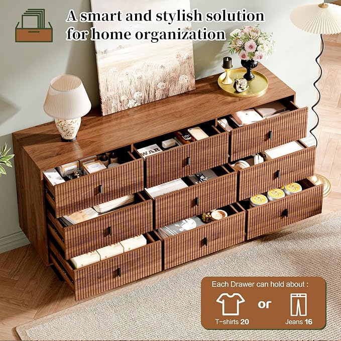 Modern Chest of Drawers with 9 Drawers,Deep Drawers,Clothes Organizer,Large Storage Cabinet for Living Room, Bedroom,Hallway,with Anti-Tipping Device, Walnut.