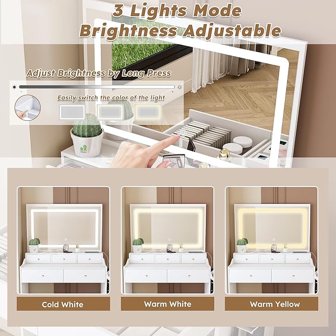 Ball & Cast Vanity Desk with Large Mirror & Power Outlet,3 Dimmable Colors Light Makeup Vanity Table Set with 5 Drawers & Chair,Adjustable Brightness Dressing Table for Women Girls Bedroom,White