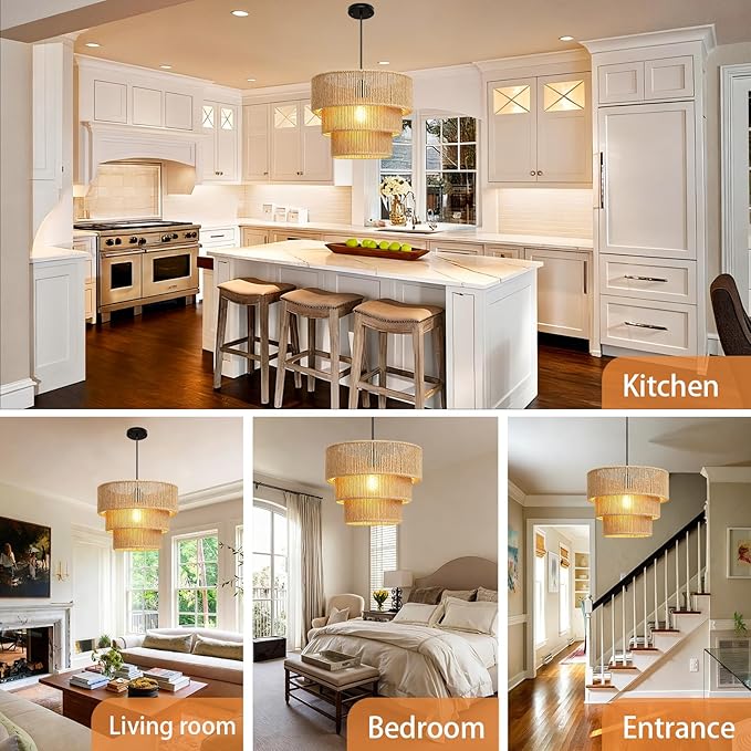 12''Natural rattan chandelier -Small Farmhouse Boho Style with E27 Bulb, 120V pendant light, fandelier, hanging lamp, wicker pendant lamps for Dining Room/Kitchen/Bedroom/Living Room/Island