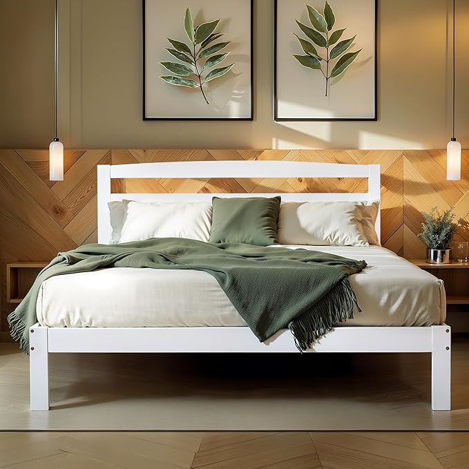 Hokway Wood King Bed Frame and Headboard- No Wobble,Noise-Free,Easy Assembly with Precise Holes,12 in Reinforced Center Legs,No Box Spring Needed,White