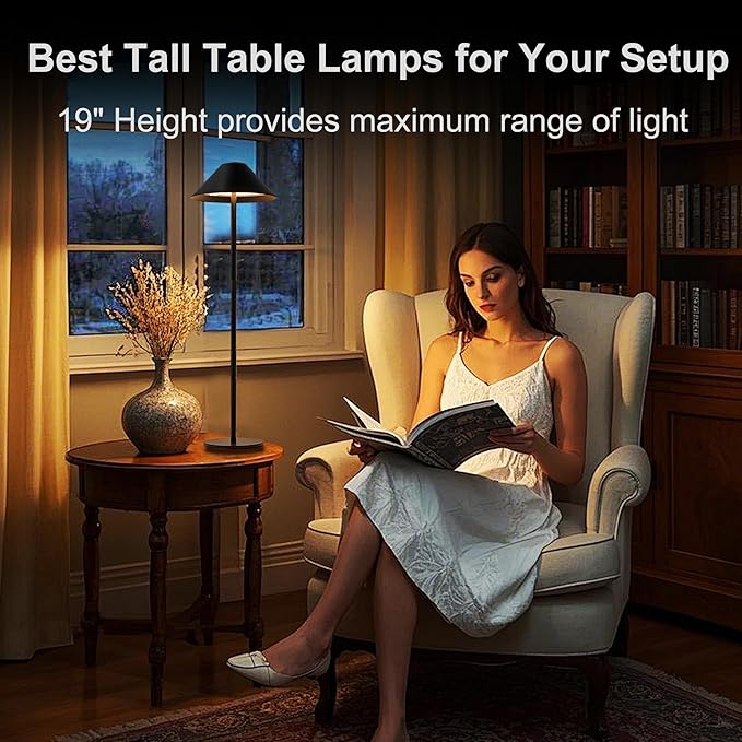Black Cordless Lamp Set of 2, Rechargeable Battery Table Light Metal Lampshade with Flexible Height Pole, 3 Color Dimmable Bedside Touch Lamp, Portable Wireless Lamp for Reading/Home
