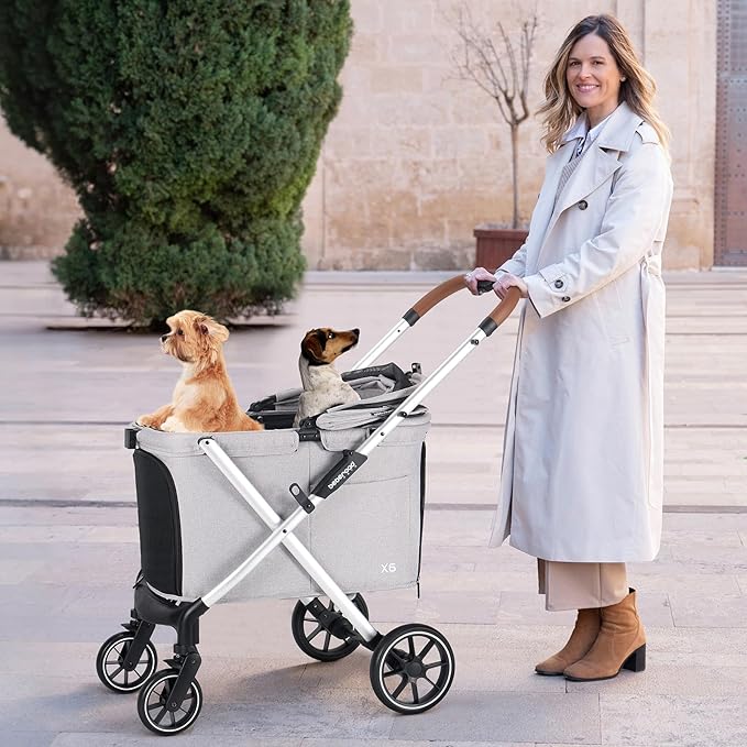 X6 Luxury Pet Stroller for Medium Dogs up to 66 lbs, One-Second Fold Design, 180° Canopy, 4-Wheel Shock Absorption (Grey)