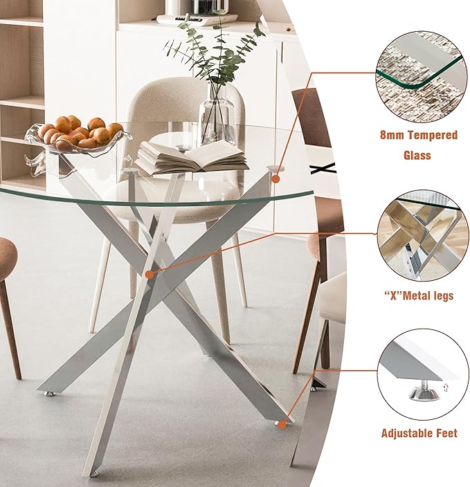 Goujxcy 5 Piece Round Glass Dining Table Set for 4, 47" Round Dining Table & Chair Set Modern Circle Glass Kitchen Table and 4 Velvet Upholstered Chairs for Kitchen Dining (Silver Table & Beige Chair)