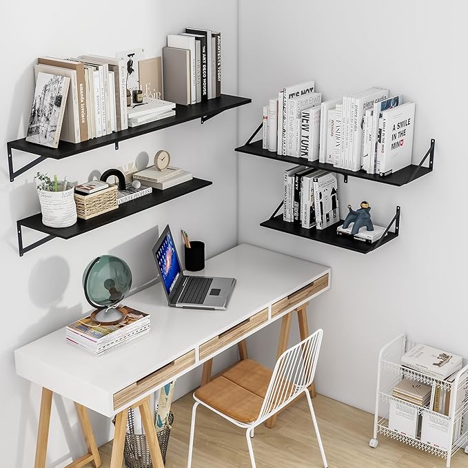 Heimlove Black Deep Floating Shelves for Wall, 48W x 12D Wood Wall Shelves Set of 2, Wide Floating Bookshelf for Living Room, Kitchen, Office, Bedroom and Decor Storage, with Metal Bracket - Black