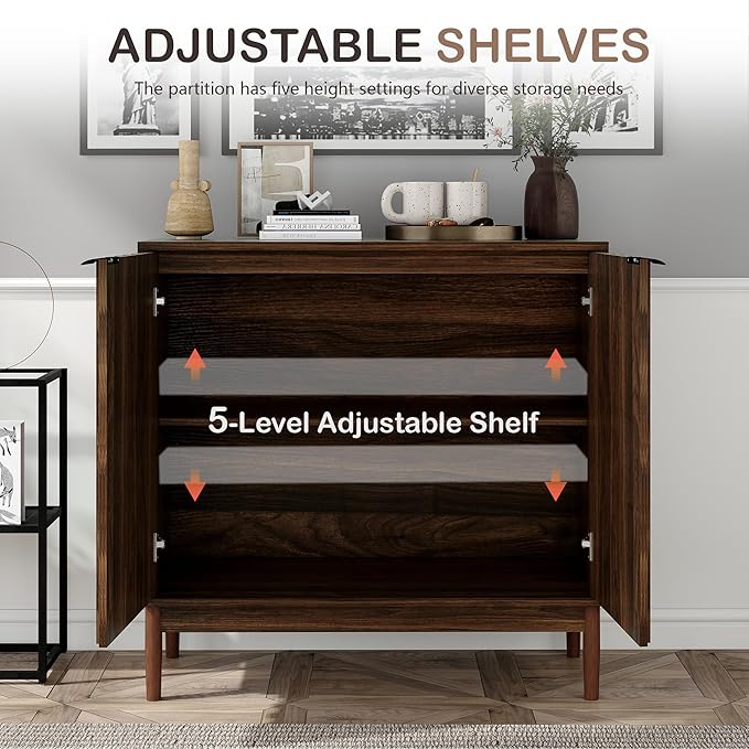 Fluted Cabinet with Storage, Buffet Cabinet Sideborad with Door, Kitchen Buffet Storage Accent Cabinets with Adjustable Shelves for Living Room, Entry, Hallway, Brown, Walnut