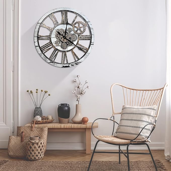 HOIBAI Large Wall Clock Clocks for Living Room Decor Oversized 30 Inch Wall Decor Farmhouse Vintage Rustic Industrial Roman Big Chic Home Decor Wall Clock for House Bedroom, Moving Gears Clock