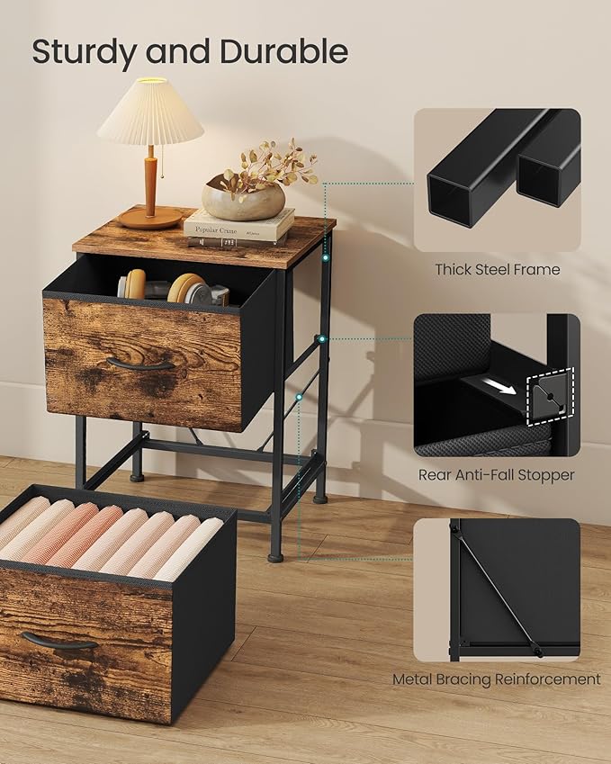 SONGMICS Dresser for Bedroom, Chest of Drawers, Nightstand, Steel, MDF, 2 Non-Woven Fabric Drawers, Storage Organizer Unit, Closet, Entryway, Rustic Brown and Ink Black ULGS312B02S