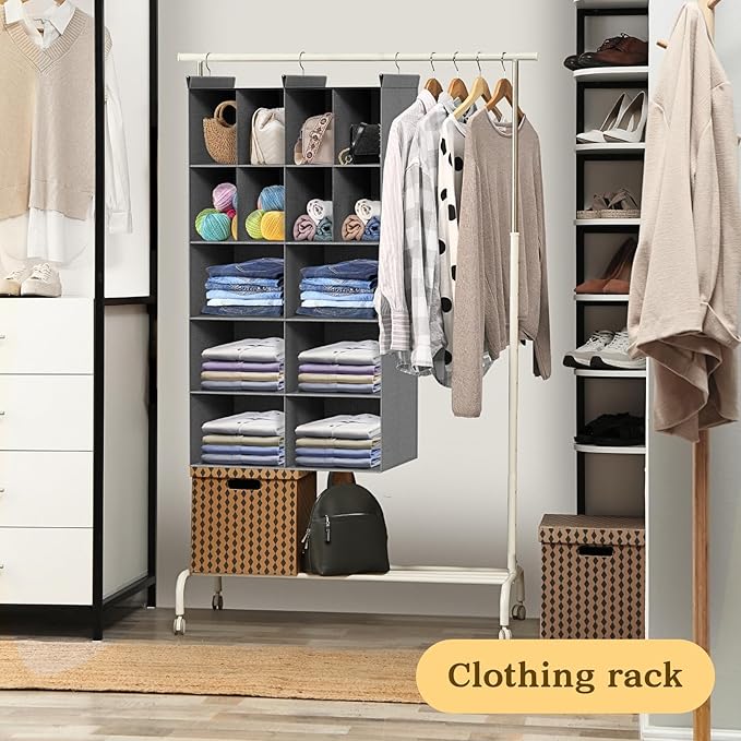 5 Tier Hanging Closet Organizer, 14 Compartments Sweater Organizer for Closet with 3 Sturdy Hooks, Closet Organizers and Storage, Wardrobe, Rv, Garment Rack, Grey