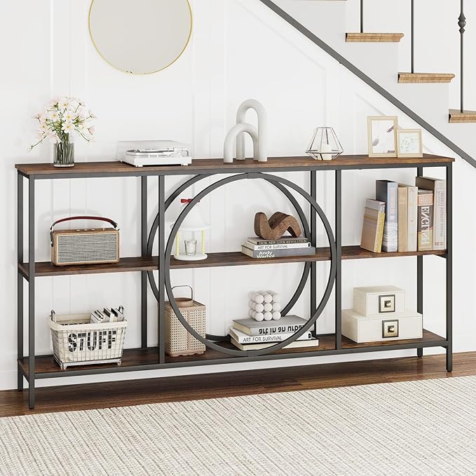 Giantex Narrow Long Console Table, 3-Tier Entryway Table with Faux Wood Grain Top&Heavy-Duty Metal Frame, Mid-Century Accent Sofa Tables with Open Storage Shelves for Living Room, Hallway(Brown+Black)