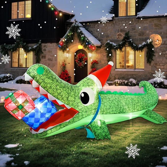 9.3 FT Christmas Inflatable Outdoor Decorations, Inflatables Christmas Crocodile Yard Decor with Christmas Hat & Gift Box, Built-in LED Lights Blow up Xmas Alligator for Outside Lawn Garden Indoor