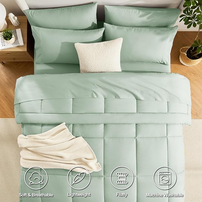 CozyLux Twin XL Comforter Set Sage Green, 5 Pieces Twin Extra Long Bed in a Bag for College Dorm, All Season Bedding Set with Stitch Quilted Comforter, Flat Sheet, Fitted Sheet, Pillowcases