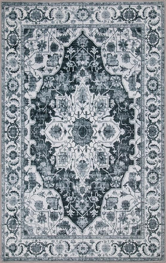 WILLSUN Washable Area Rugs, 9x12 Non-Slip Boho Large Area Rugs for Living Room, Bedroom, Machine Washable Vintage Rug, Indoor Floral Print Carpet for Home Decor, Kid & Pet Friendly Mat