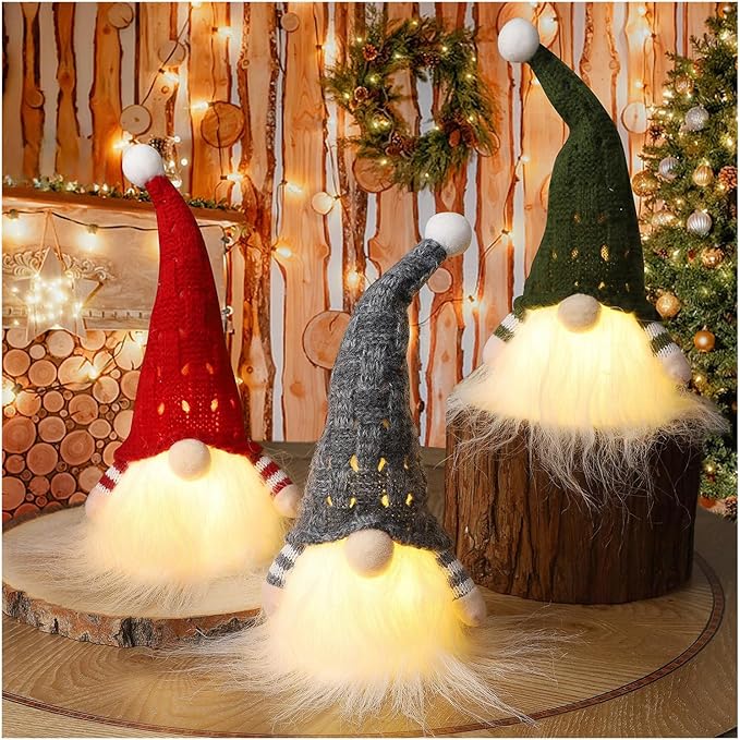 Juegoal Christmas Plush Gnomes, 9 Inch Lighted Handmade Mini gnome Scandinavian, Light Up Swedish Tomte Elf Holiday Present, Battery Operated Xmas Gifts Table Ornaments Dinner Party Supplies, Set of 3