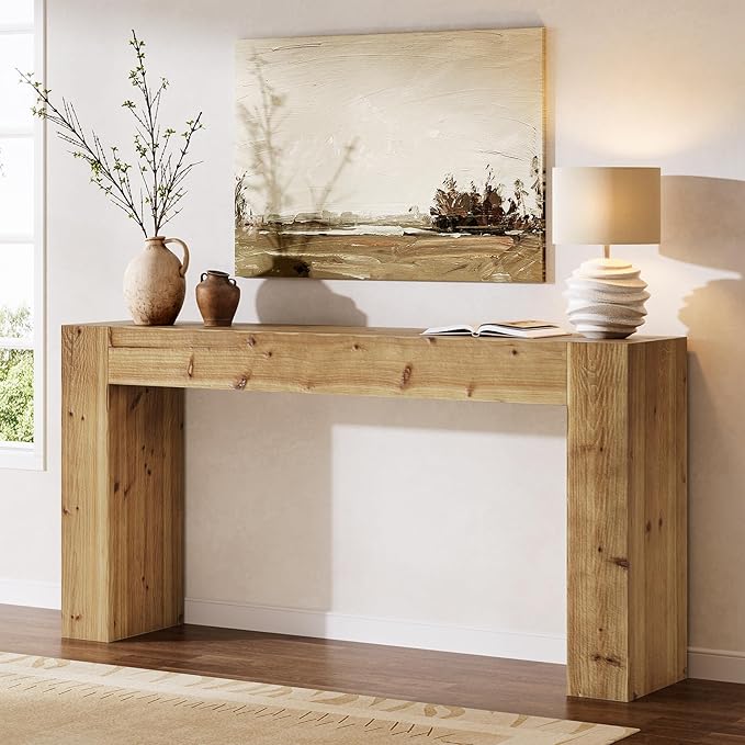 Solid Wood Console Table, 63-Inch Farmhouse Sofa Table Behind Couch for Entryway, Living Room, Foyer, Easy Assembly (Light Wood)