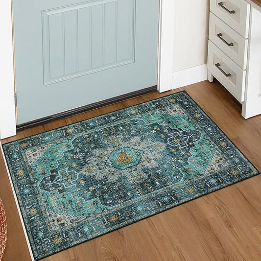 Moynesa Ultra-Thin Washable Area Rug - 2x3 Teal Small Entryway Rug Front Indoor Doormat, Boho Non-Slip Stain Resistance Low Pile Accent Carpet for Kitchen Bathroom Home Laundry Room Hall Decor