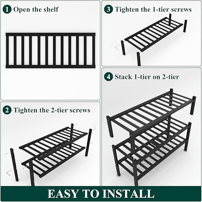 Smiry Shoe Rack, 3 Tier Thick Bamboo Shoe Organizer, Stackable Free Standing Wooden Shoe Storage Shelf for Closet, Entryway, Front Door Entrance, Black
