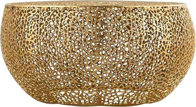 Modern Contemporary Round 32" Coffee Table, Solid Aluminum intrigued Design, Drum Shaped Mesh Cocktail Table, Creative Center Table for Living Room and Bedroom, Casted in Gold
