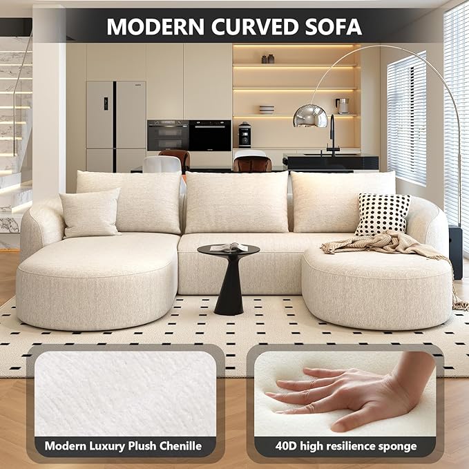 111" Modular Sectional Couches Luxury Modern Curved Back U-Shape Sofa Set with Ottoman,Minimalist Comfy Boneless Cloud Couch for Living Room Apartment,(Left Facing Chaise,White)
