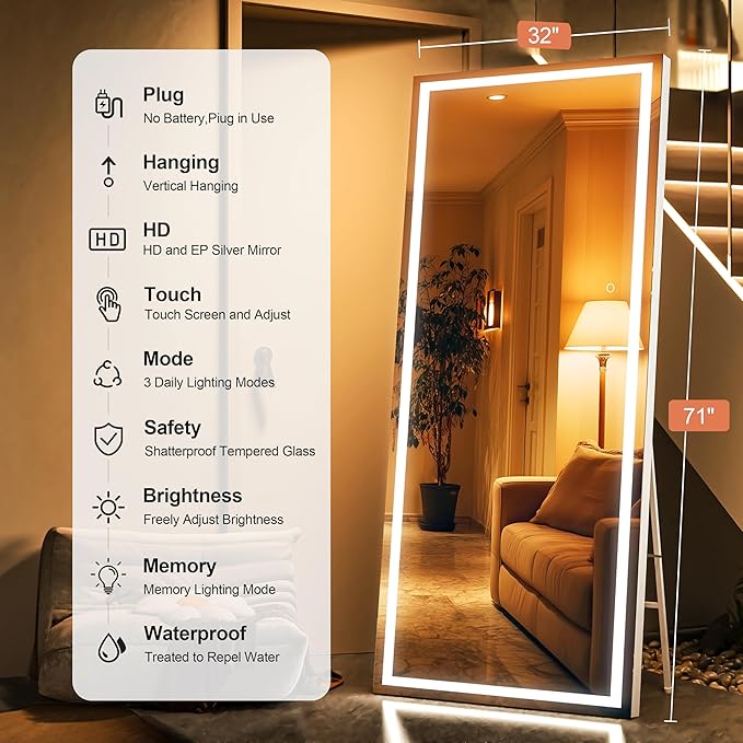 Full Length Mirror with Lights, 71" x 32" LED Lighted Floor Standing Mirror, Tempered Glass, Square White