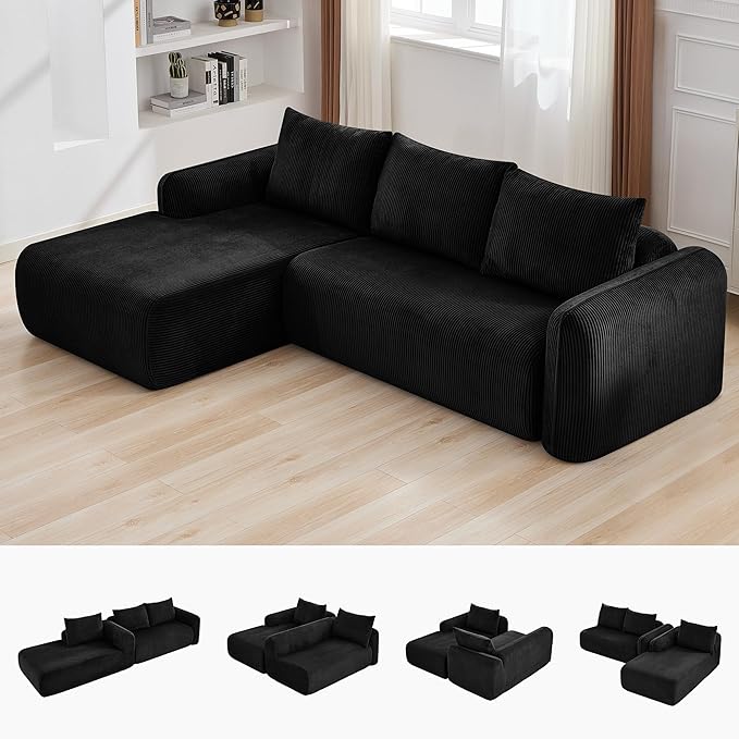 103'' Boneless Corduroy L Shaped Couch, 3 Seat Modular Sectional Deep Seat Sofa with Chaise Lounge, No Assembly Cloud Lounge Sleeper Sofa, Black