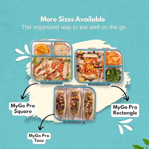 MyGo Pro Rectangular Taco Container, 3-Compartment Clear Heavy Duty Plastic Taco Holder, Portable Sleek Design, Spill-Resistant with Removable Gasket, 6.375" L X7.5" W X 2.75" H