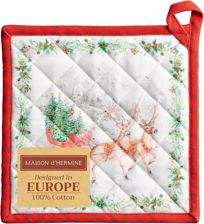 Maison d' Hermine Pot Holders 100% Cotton Heat Resistant Potholders 8" x 8" Hot Pads with Loop for Thanksgiving Christmas Decorations BBQ Cooking Handling Hot Pans (Pack of 1, Christmas Tradition)