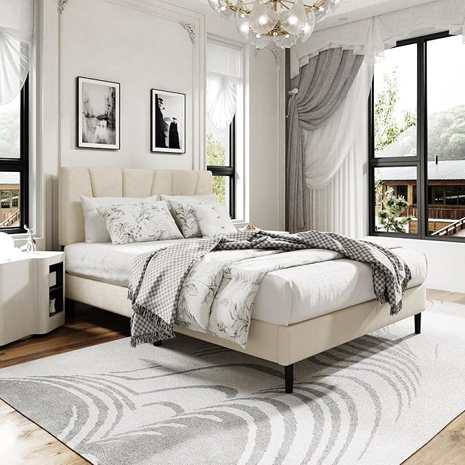 Full Size Platform Bed Frame with Upholstered Headboard, Wooden Slats Support, Noise Free, No Box Spring Needed, Easy Assembly, Beige, Velvet