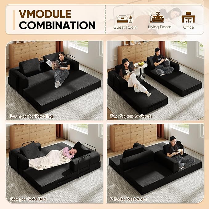 Antetek Convertible Sofa Bed, Comfy Corduroy Fluffy Love seat Sleeper Sofa, 5 in 1 Folding Couch Bed, Fold Out Floor Couch with Pillows for Bedroom, Living Room, Office, Pinstripe, Black