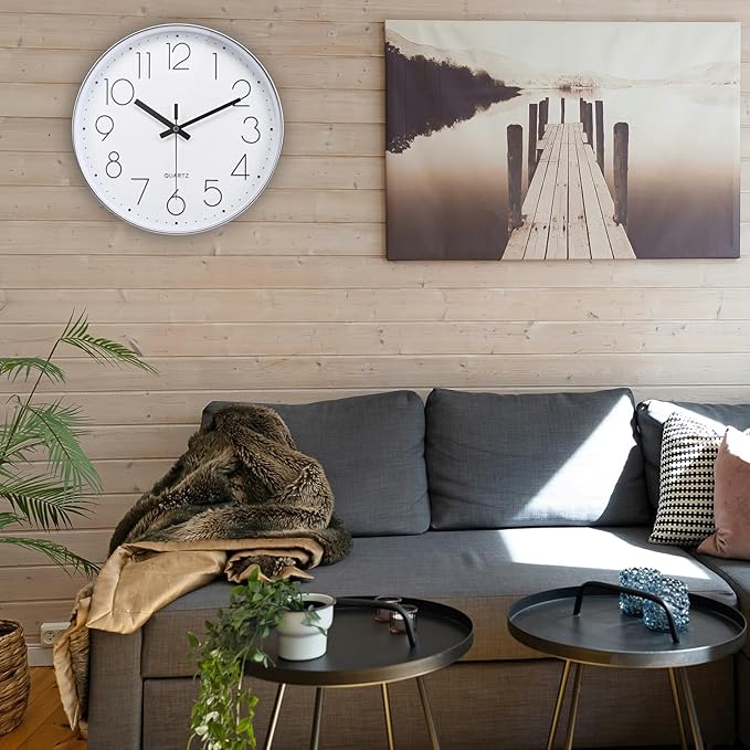 jomparis Modern 12" Battery Operated Non-Ticking Silent Sweep Movement Wall Clock Decorative for Office,Kitchen, Living Room, Bedroom, Bathroom Silver Plastic Frame