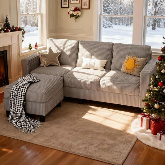 SUNLEI Convertible Sectional Sofa for Small Spaces, L Shaped Modular Sofa with Reversible Chaise & Ottoman Storage, 3 Seat Modern Small Couches for Living Room in Apartment, Linen Fabric, Light Grey