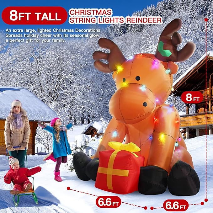 8 FT Christmas Inflatable Outdoor Decorations, Giant String Lights Reindeer Blow up Yard Decor with Red Gift Box, 26 LED Lights Xmas Holiday Decorations for Outside Lawn Garden Indoor