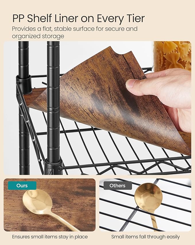 SONGMICS 5-Tier Bathroom Shelf, Storage Rack for Small Space, with 5 PP Shelf Liners, Removable Hook, Extendable Design, Ink Black and Rustic Brown ULGR023B02