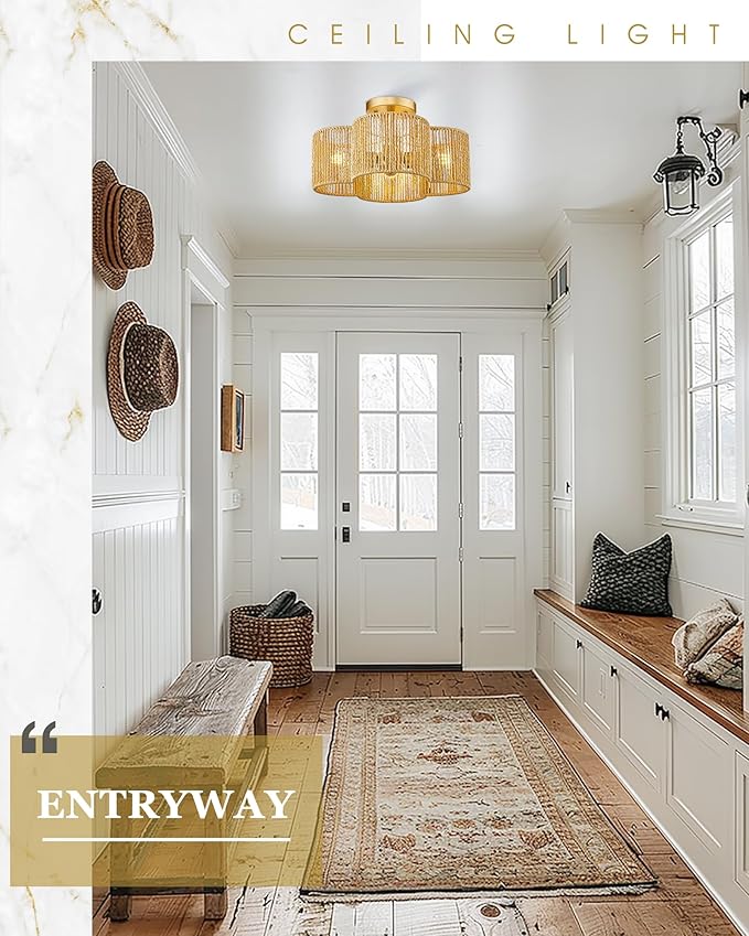 Rattan Light Fixtures Ceiling Mount, 4-Light 14" Boho Semi Flush Mount Ceiling Light with Hand-Woven Shade in Quatrefoil Shape for Kitchen Nursery Bedroom Hallway, Gold, AD-22007-4SF-RA-GD