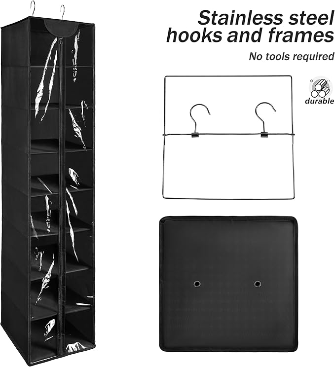 Libeder Hanging Closet Organizer, 8-Shelf Wardrobe Clothes Storage Organizer with Zipper,Hanging Shelves for Sweater,Shoes,Purse,Hats,Black