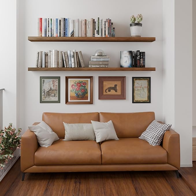 foxsky 60 Inch Solid Pine Wood Floating Shelves for Wall with Hidden Brackets, Rustic Farmhouse Wall Mounted Shelf for Bathroom, Living Room, Bedroom, Kitchen, Office Decor (Walnut)