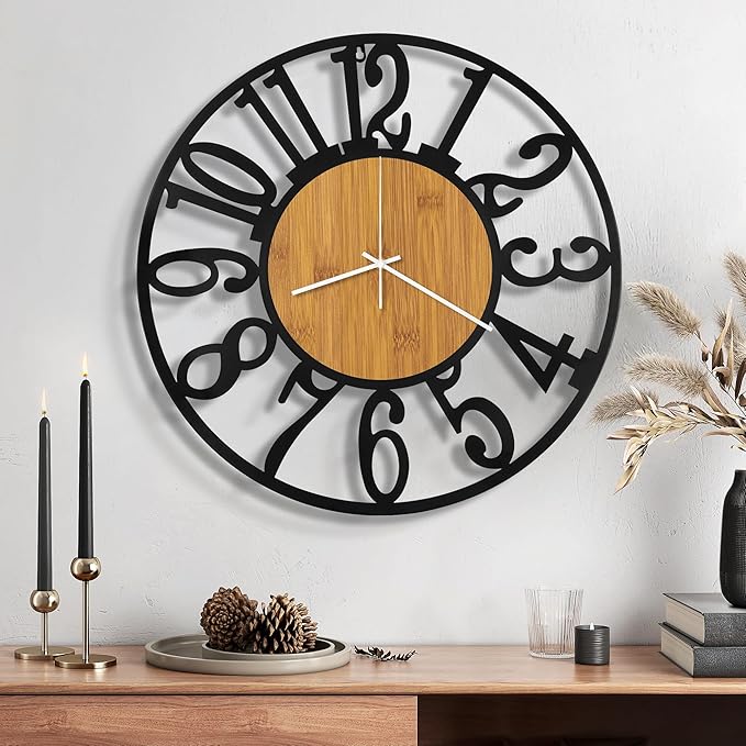 Maxstar Wall Clock Battery Operated,Silent Non-Ticking Modern Rustic Metal Round Clocks Small for Living Room/Bedroom/Office/Kitchen/Farmhouse Home Decor-16 Inch(Yellow-Wood)