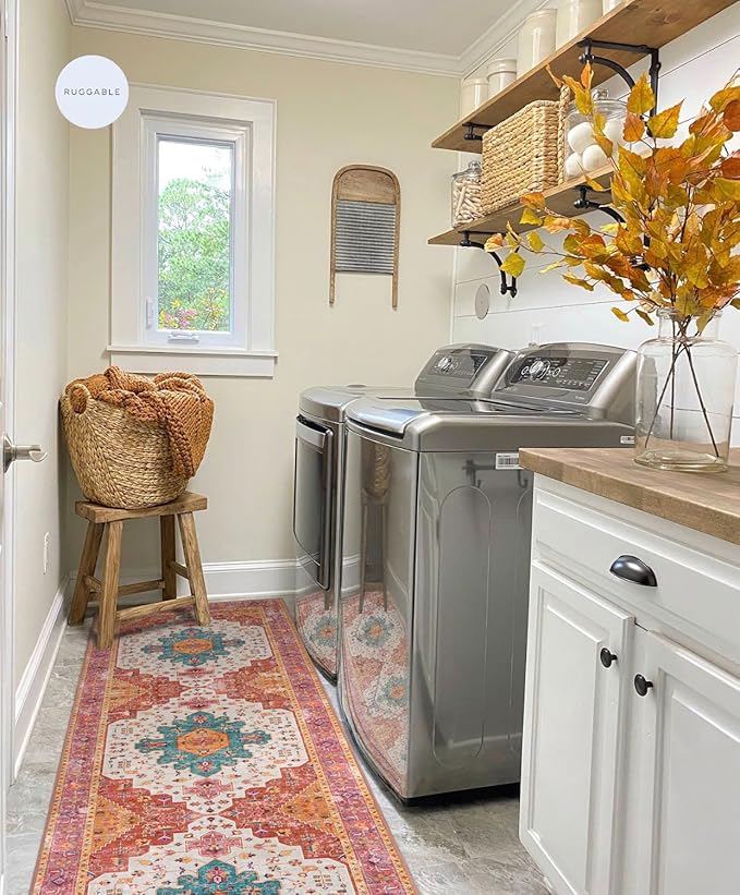 Moynesa Ultra-Thin Washable Pink Long Bathroom Rug - 2x7 Kitchen Carpet Runner, Non Skid Non Shedding Low Pile Bedroom Mat for Laundry Living Room Hall Foyer