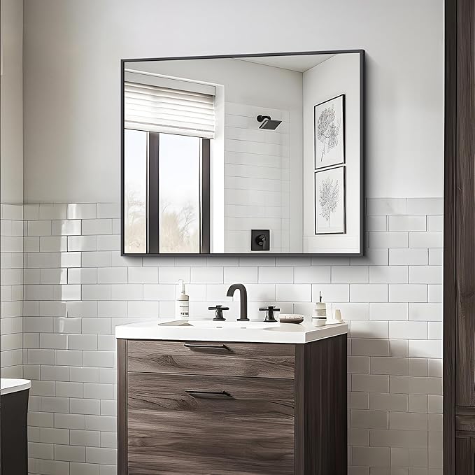 BONEWEI Bathroom Mirror,30x36 inch Wall Mirror for Bathroom Wall Mounted Black Rectangle Square Corner Mirrors, Black Bathroom Mirror for Living Room, Farmhouse, Bedroom Entryway, Horizontal/Vertical