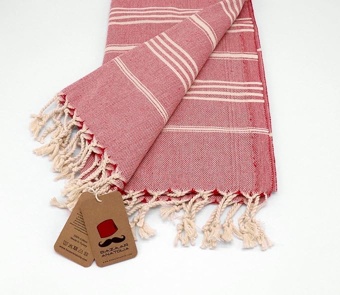 Bazaar Anatolia Turkish Towel 100% Cotton Beach Towel 76x38 Thin Lightweight Travel Camping Bath Sauna Gym Pool Unique Red Towels