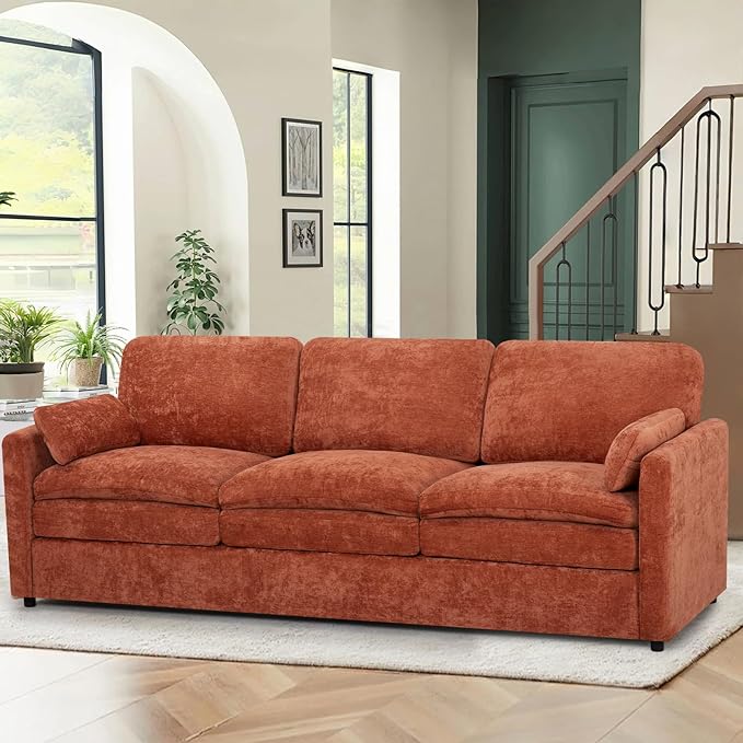 89” Chenille Sofa w/Arm Pillows, Upholstered 3-Seater Sofa w/Comfortable Back Cushions, Modern 3 Seats Couch w/High-Density Foam for Living Room, Apartment, Office, Orange
